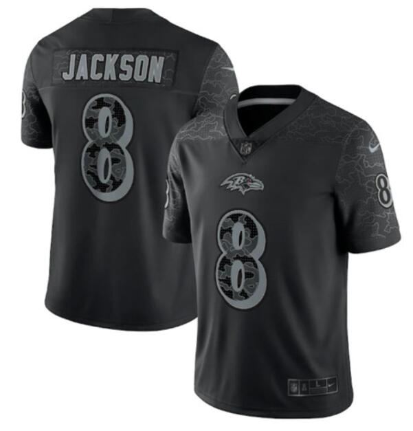 Youth Black Baltimore Ravens #8 Lamar Jackson Reflective Limited Stitched Football Jersey